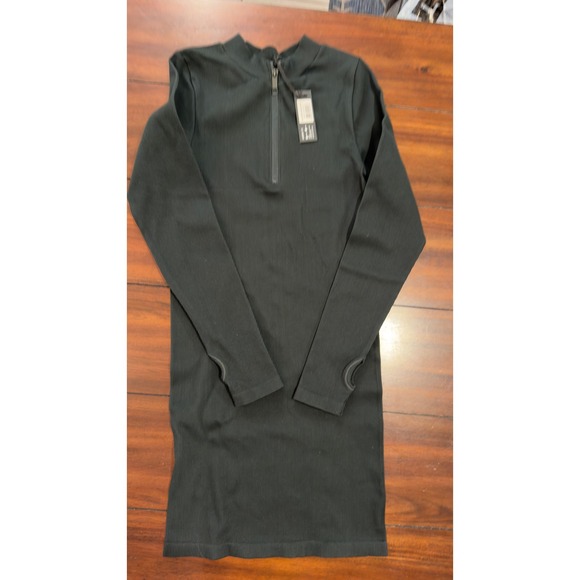 Lskd Dresses & Skirts - LSKD Minimal Ribbed Seamless Dress Dark Forest Green Quarter Zip Size L NEW NWT